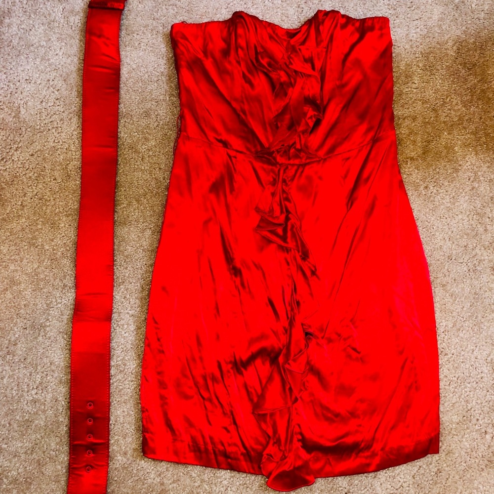 Red Silk Cocktail Dress with ruffle detailing